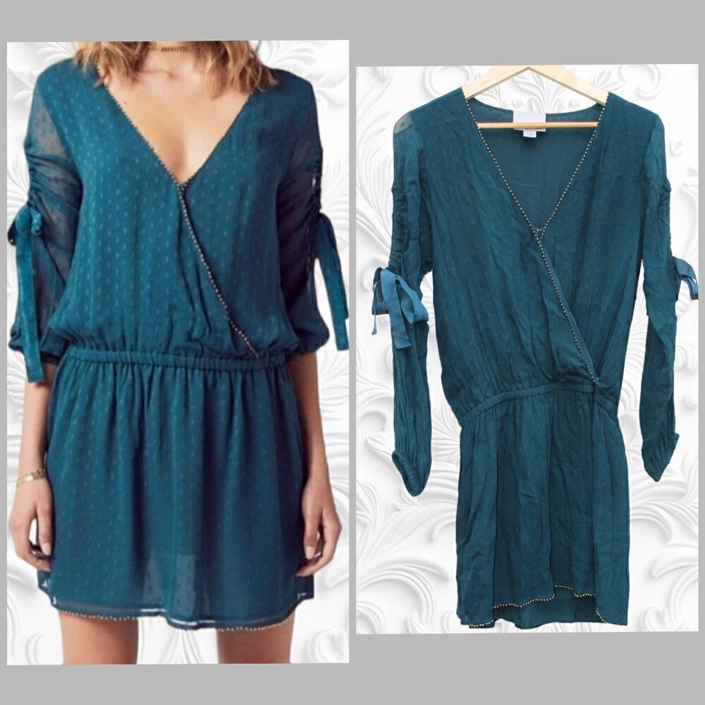 Anthropologie Chloe Oliver Teal Green Mini Dress Size Small long sleeve V neck